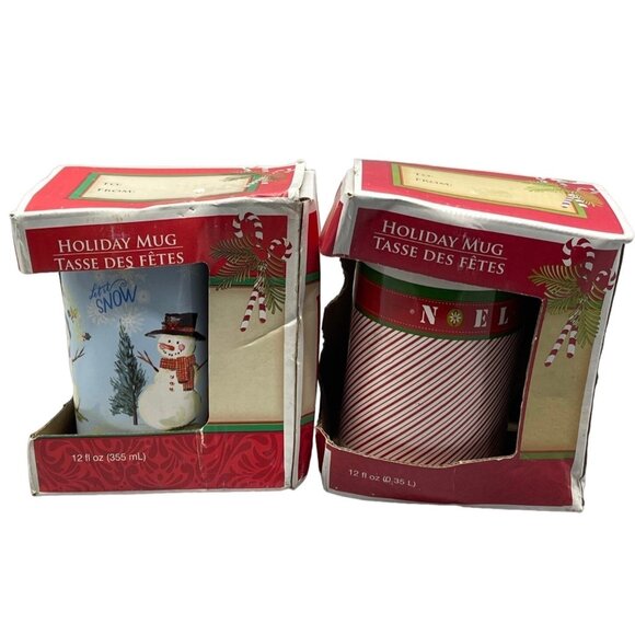 holiday mug set of 2 12oz Christmas snowman trees strips noel red green READ new - Picture 1 of 6